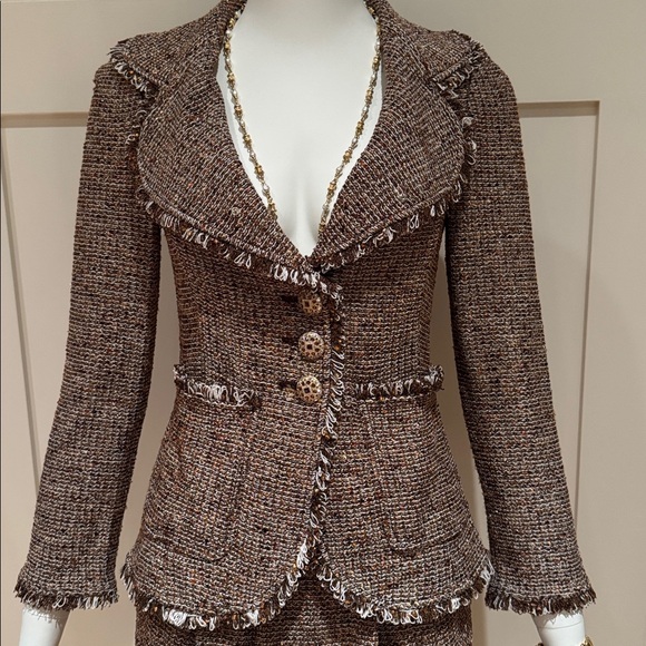 ST. JOHN COUTURE TWO PIECE SUIT SKIRT IN BRONZE GOLD WHITE METALLIC KNIT SIZE 2 - Picture 2 of 15